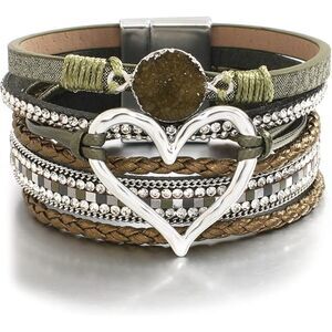 NWOT Hotoo Leather Rhinestone Silver Tone Green Crystal Magnetic Wrap Bracelet